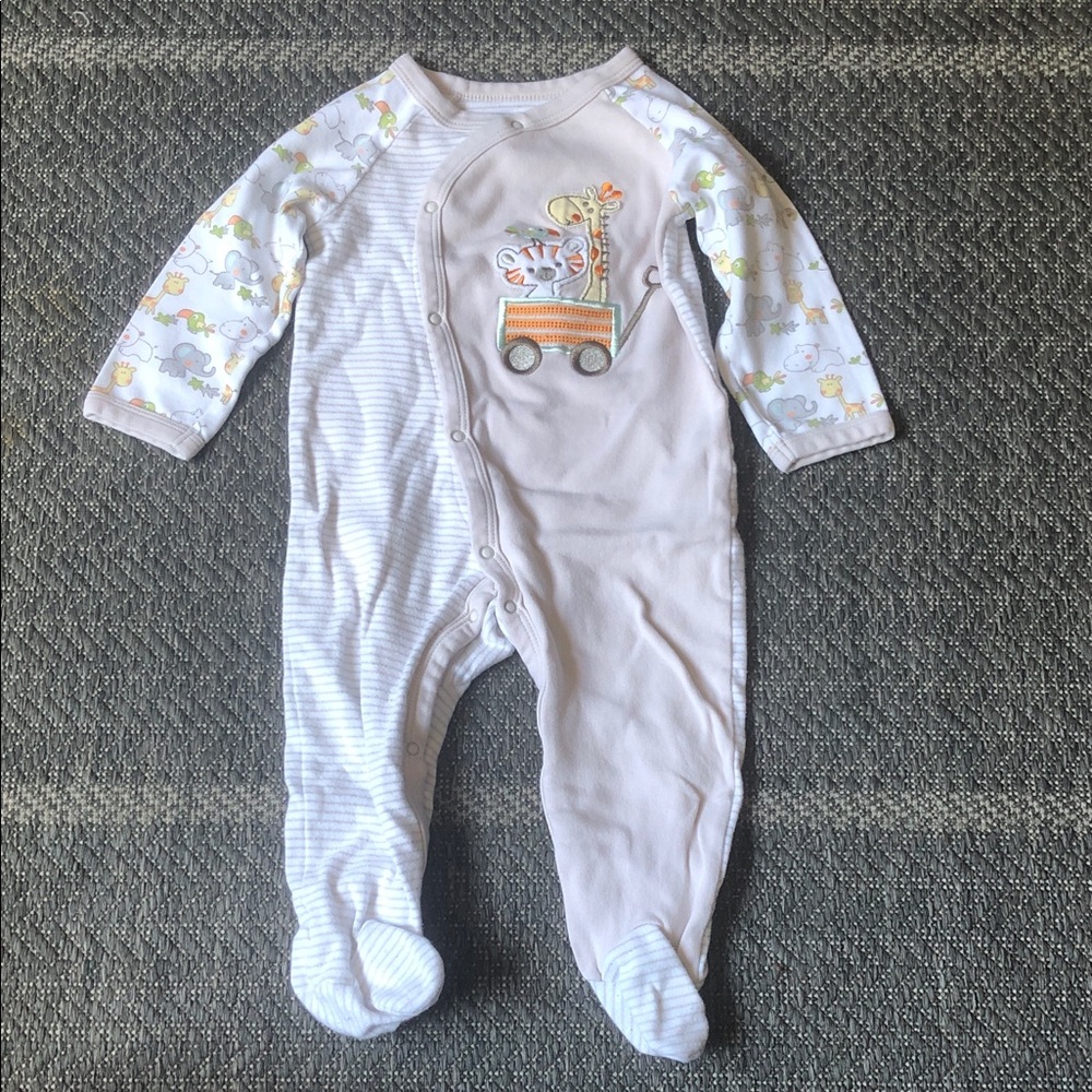 Neutral Cream Striped & Animal Wagon One-Piece Footie